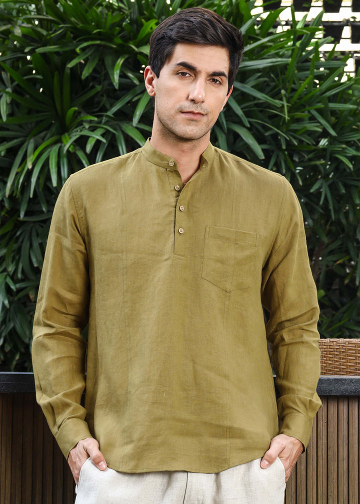 Trevor - Half Placket Pure Linen Full Sleeve Shirt - Golden Olive Green