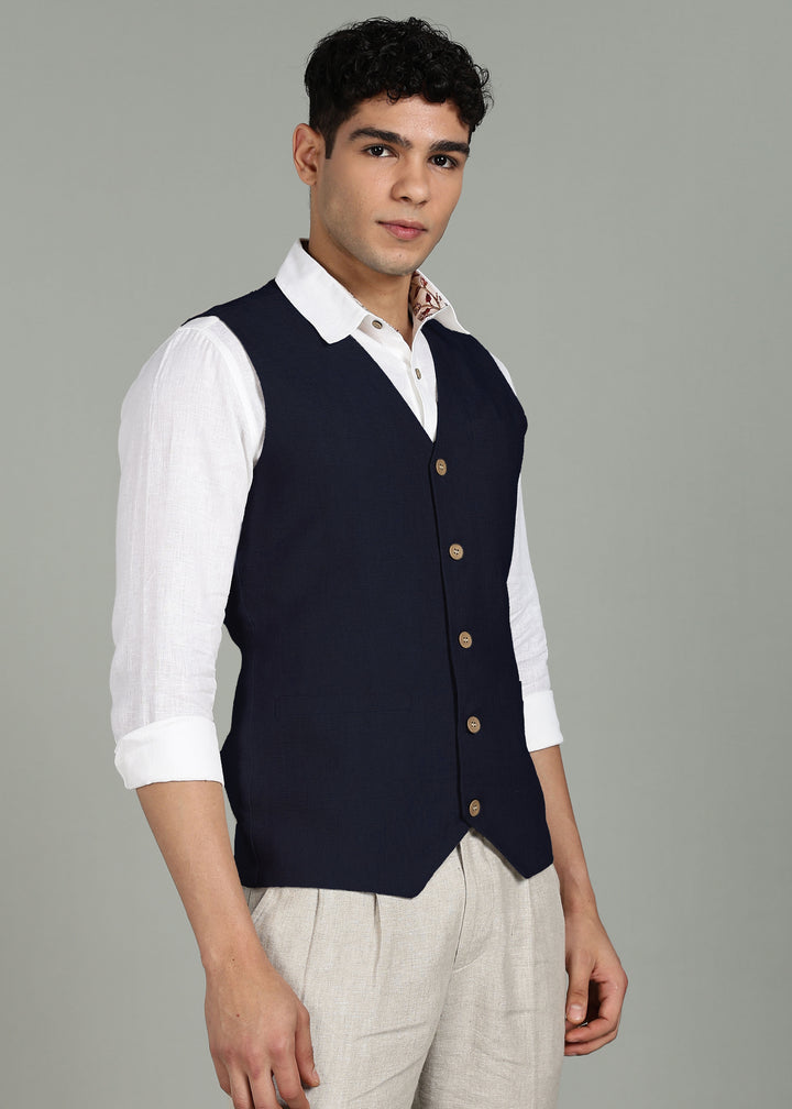 Clyde Pure Linen Waist Coat - Dark Blue