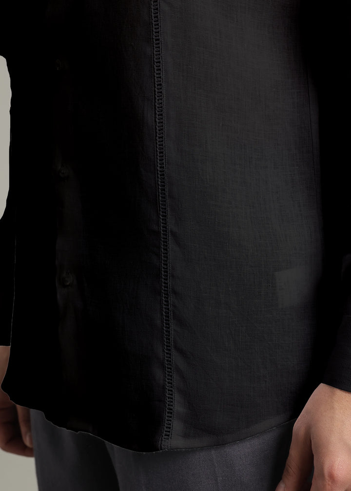 Zephr - Pure Linen Mandarin Collar Lace Detail Full Sleeve Shirt - Black
