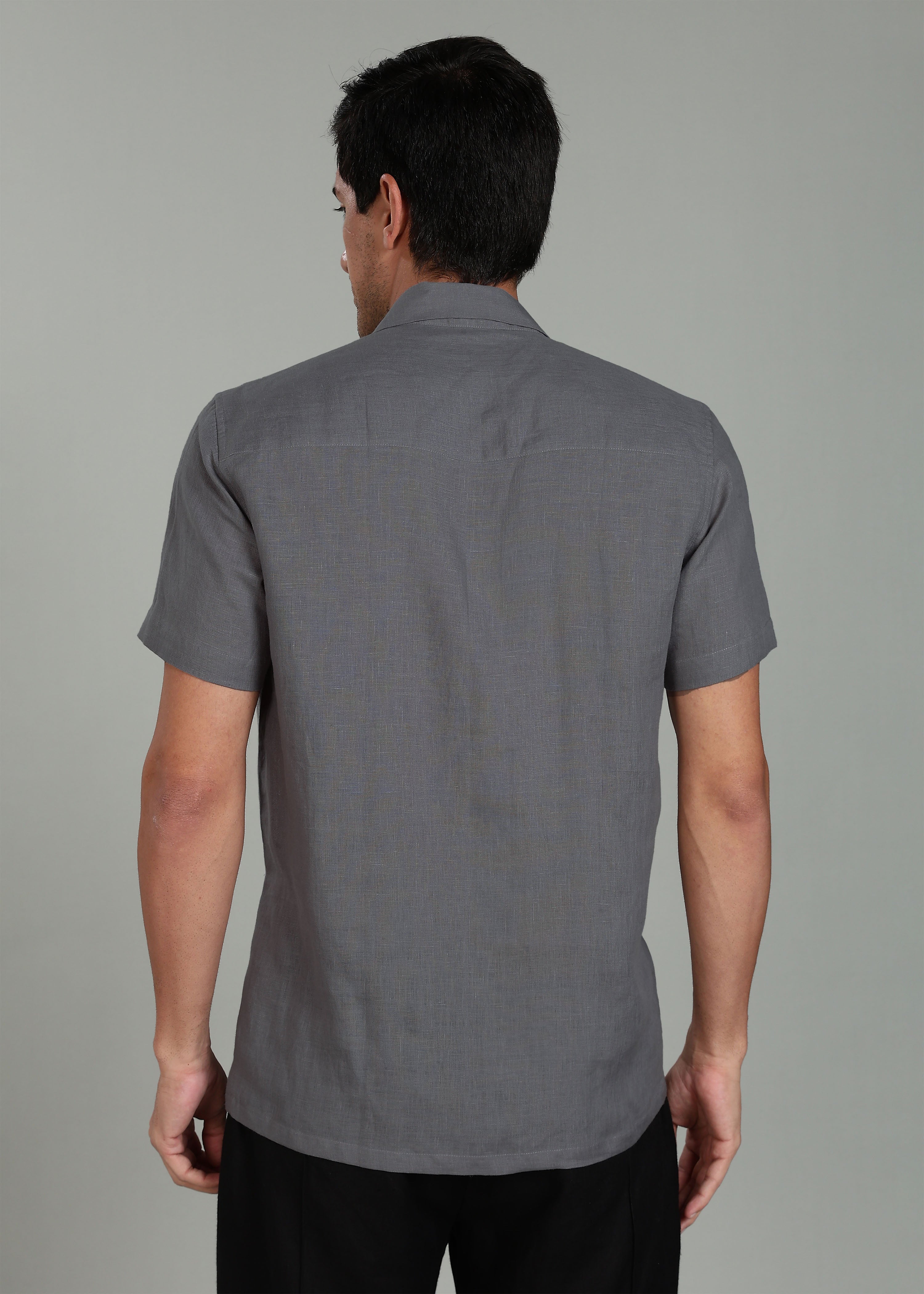 Charcoal Grey Cuban Collar Pure Linen Half Sleeve Shirt with