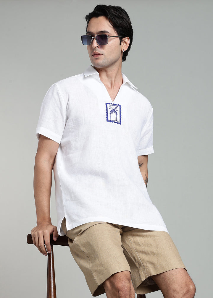 Vento - Pure Linen Relaxed V Neck T Shirt - White with Blue Embroidery