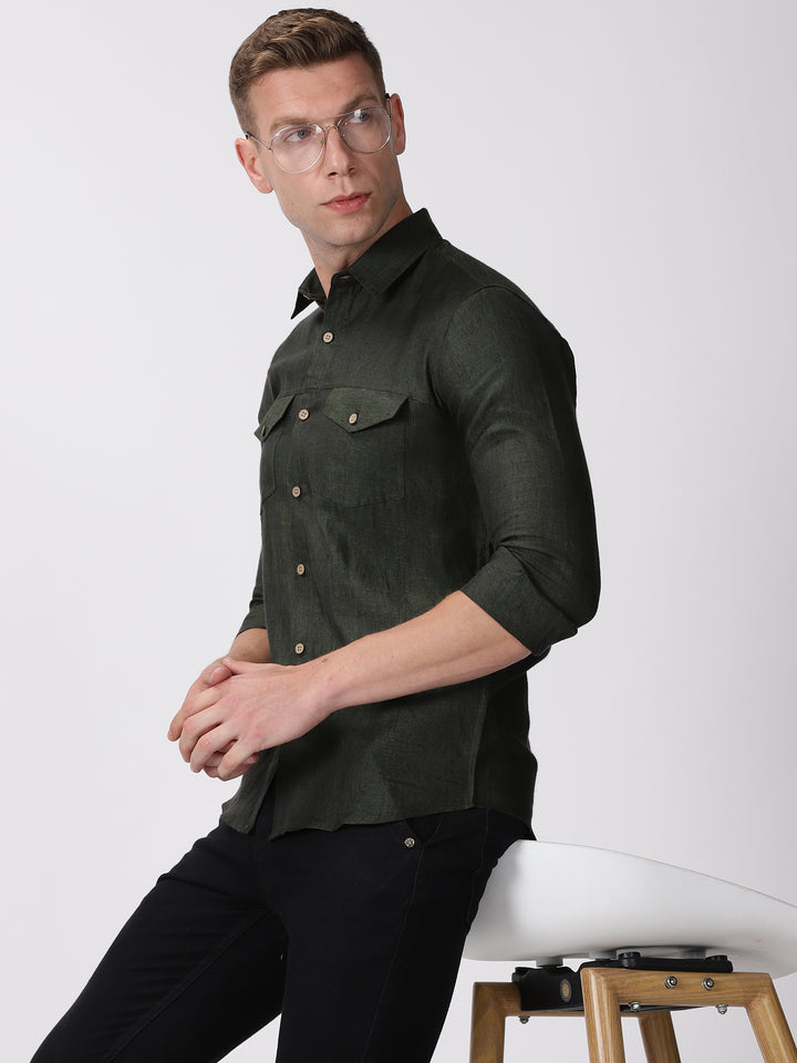 Thomas - Pure Linen Double Pocket Full Sleeve Shirt - Forest Green