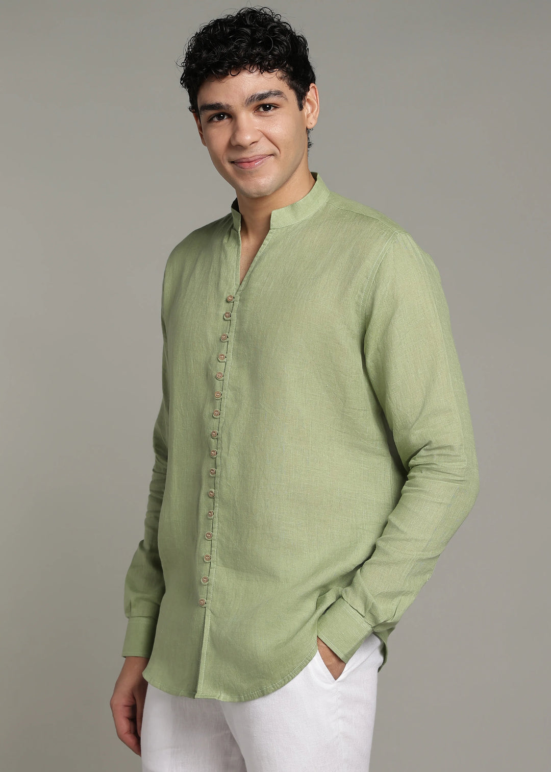 Yue - Pure Linen V Neck Full Sleeve Shirt - Peppermint Green