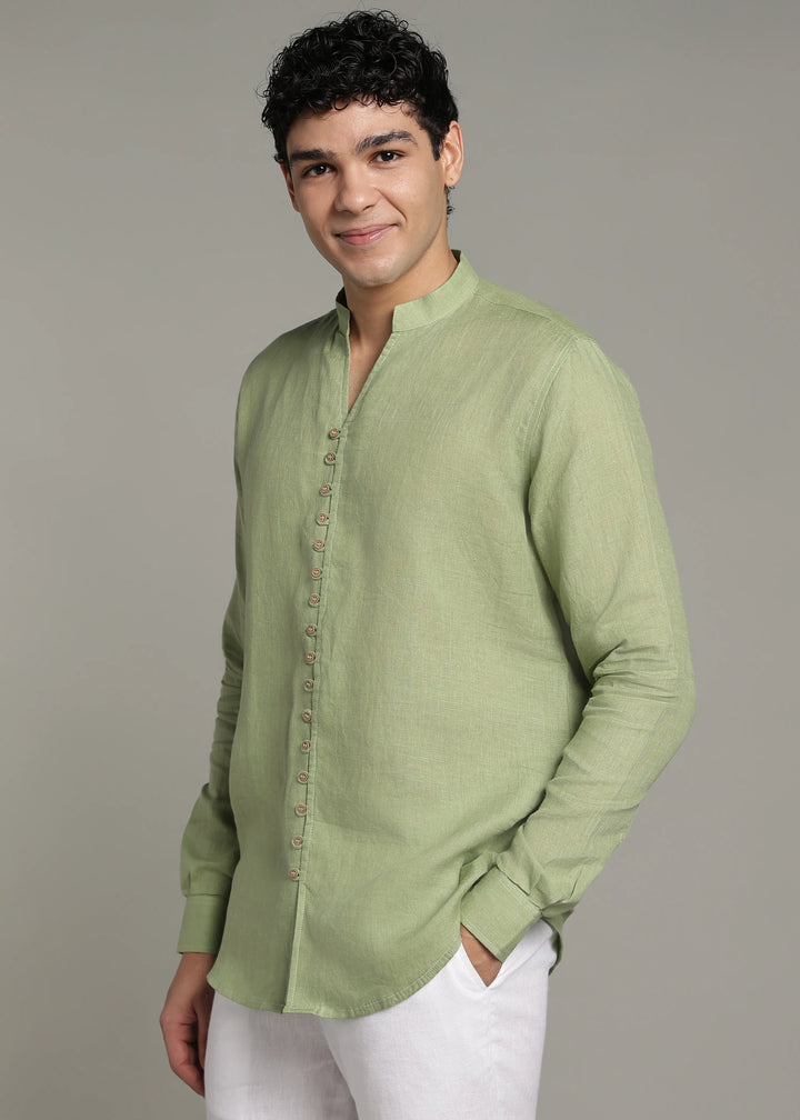 Yue - Pure Linen V Neck Full Sleeve Shirt - Peppermint Green