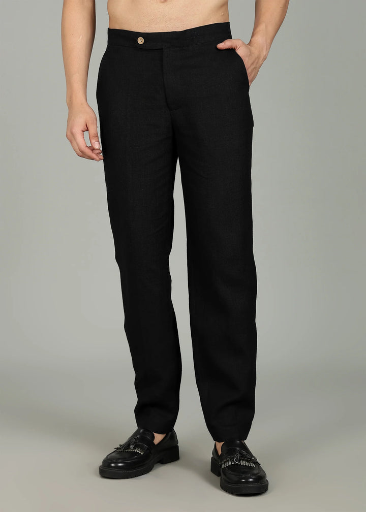 Moe - Pure Linen Extended Strap Formal Pants – Black