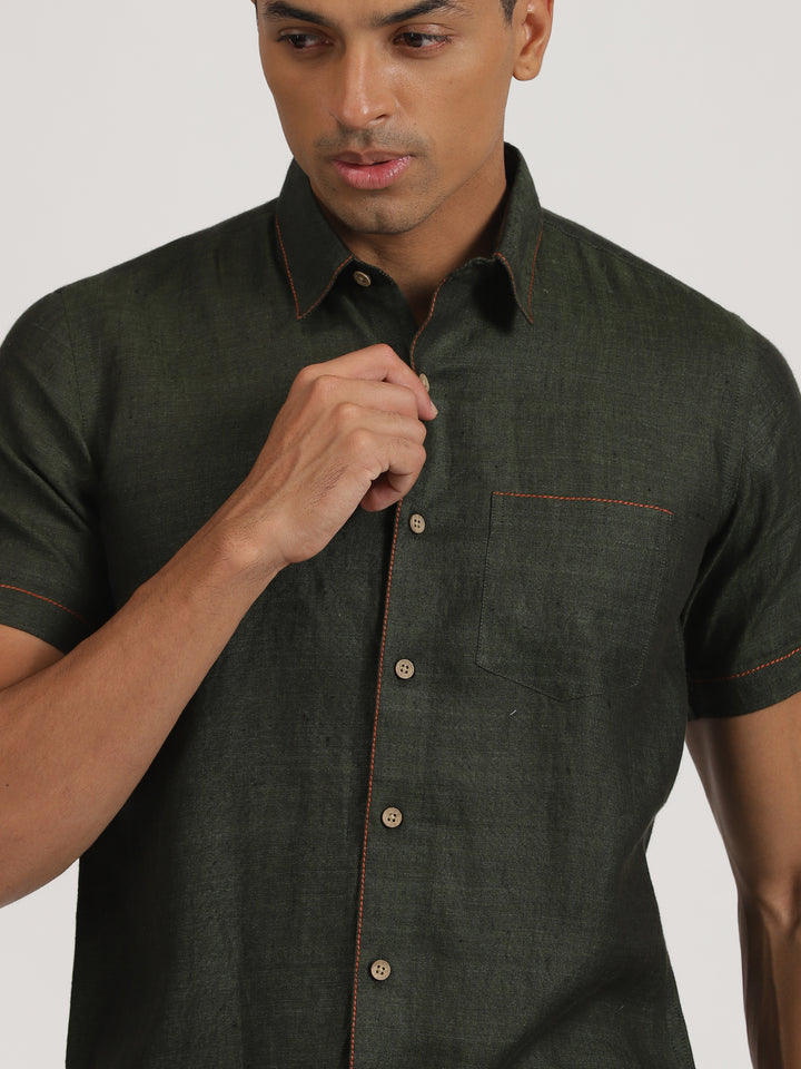 Peter - Pure Linen Stitch Detailed Half Sleeve Shirt - Forest Green