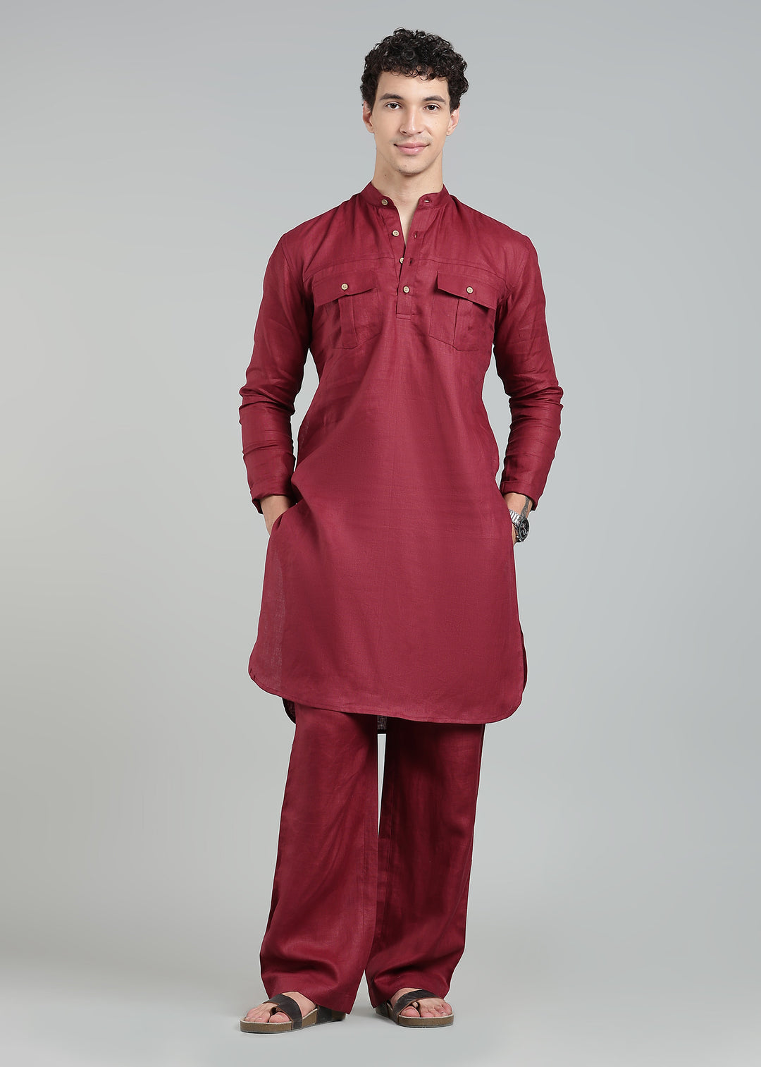 Karan - Pure Linen Mandarin Collar Regular Kurta - Red Wine