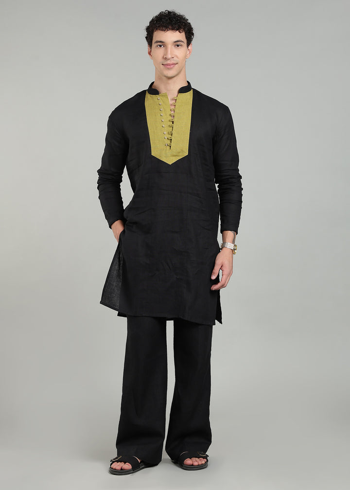 Gul - Pure Linen Mandarin Collar Regular Kurta - Black & Sap Green