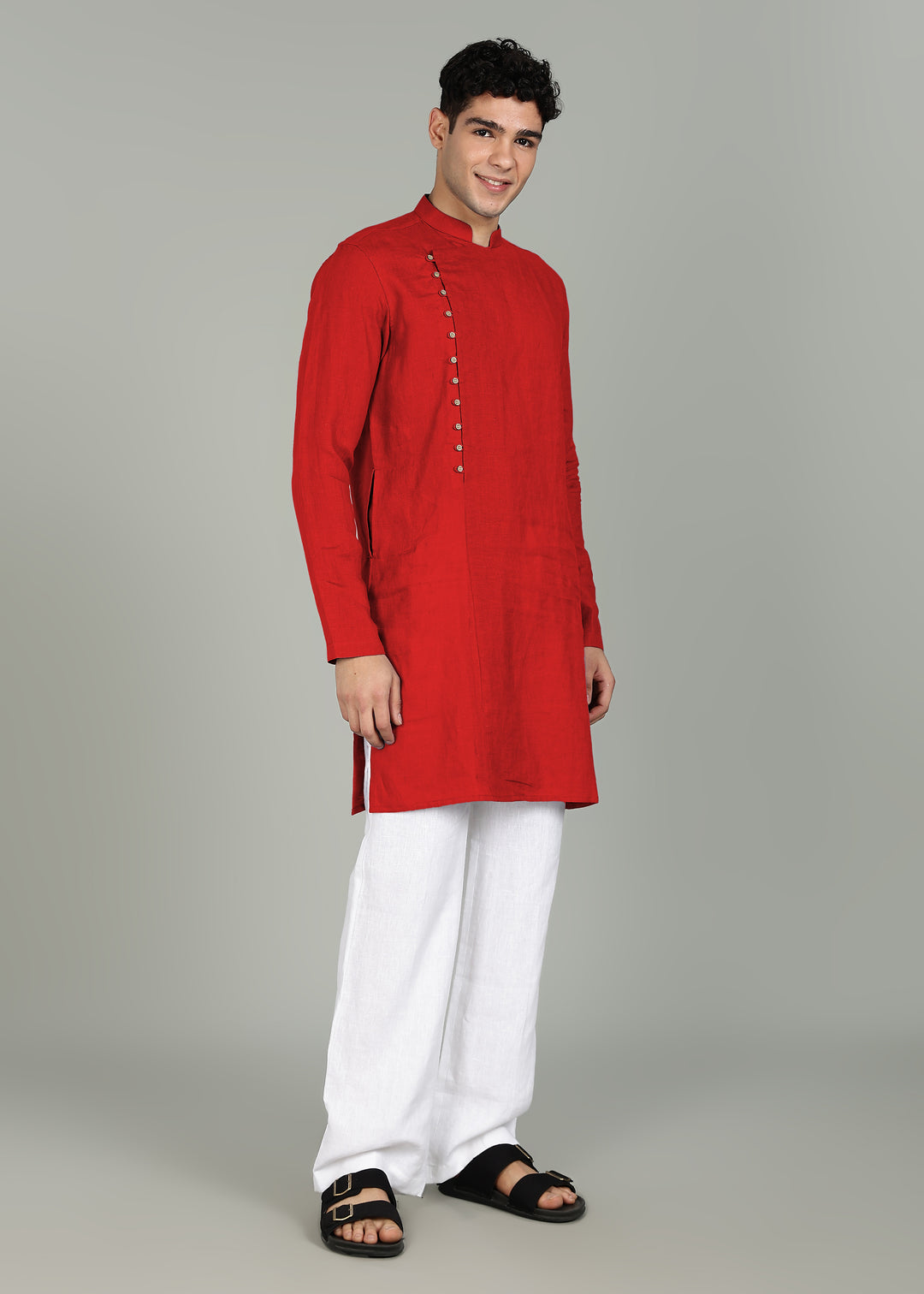 Vian - Full Sleeve Band Collar Pure Linen Kurta - Mud Red
