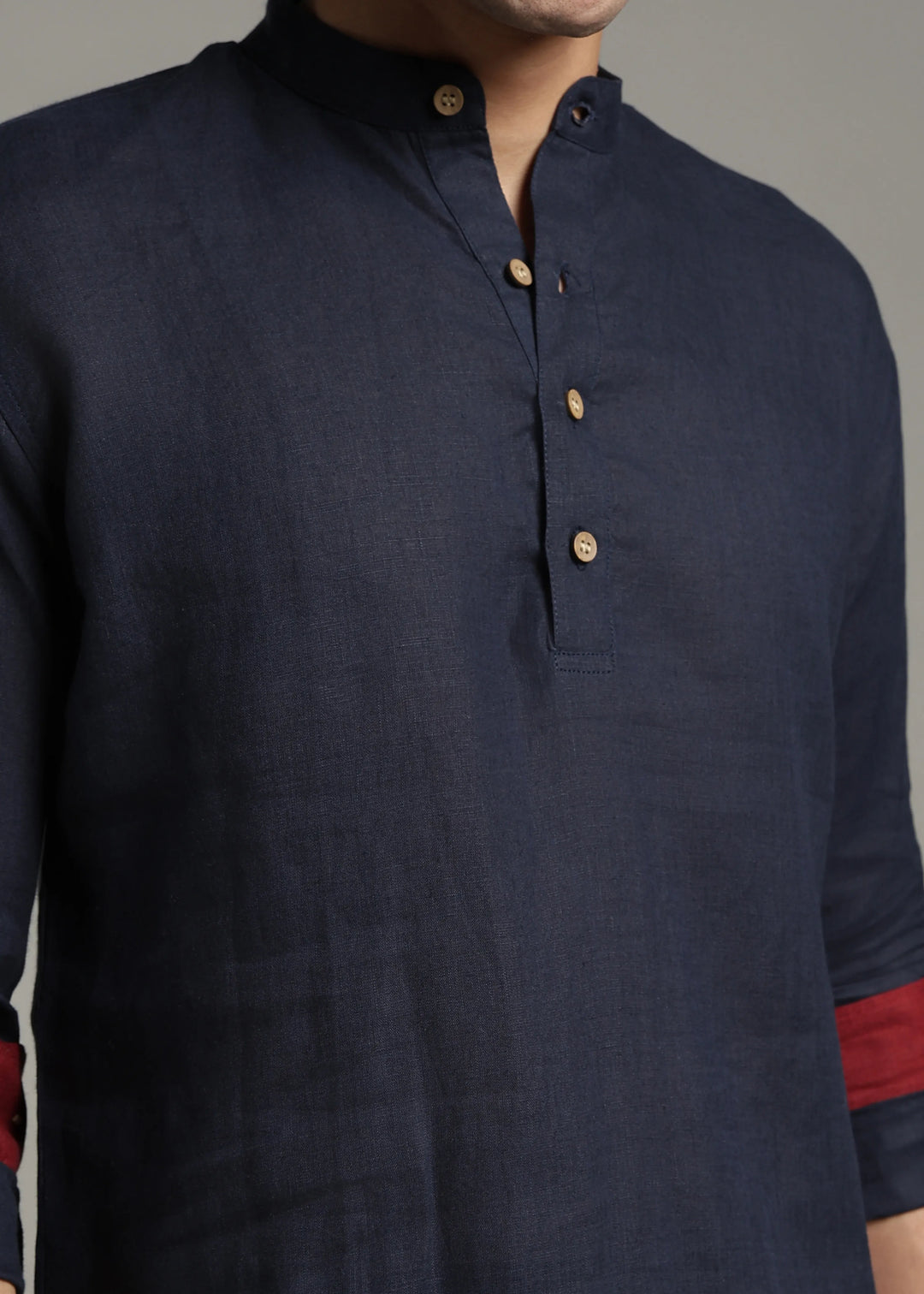 Palat - Pure Linen Regular Kurta with Contrast Inner Cuff Detail - Dark Blue