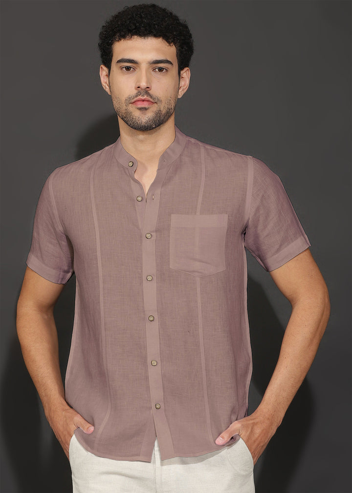 Trevor - Pure Linen Mandarin Collar Half Sleeve Shirt - Toasted Brown