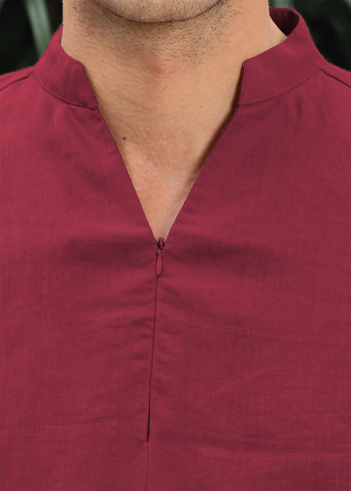 Arnav - Full Sleeve Broad-Notched Collar Pure Linen Short Kurta - Red Wine