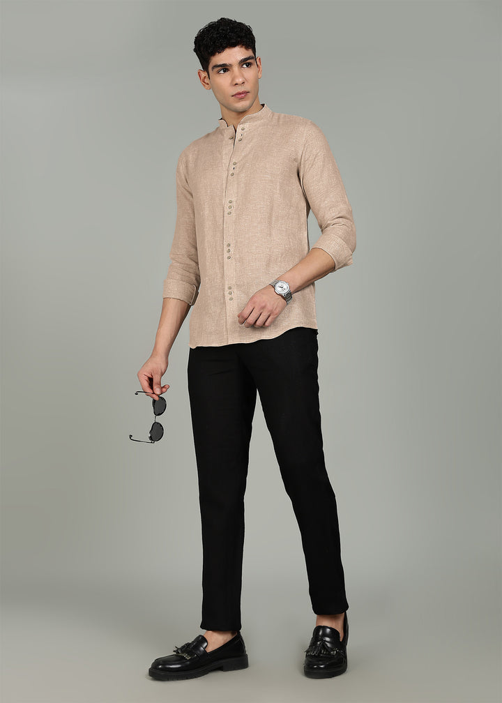 Flint - Pure Linen Shirt with Mandarin Collar & Trio Button Detail - Oakwood Brown