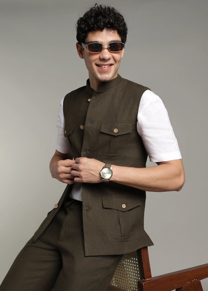 Safar - Multi Pocket Pure Linen Nehru Jacket - Camo Green