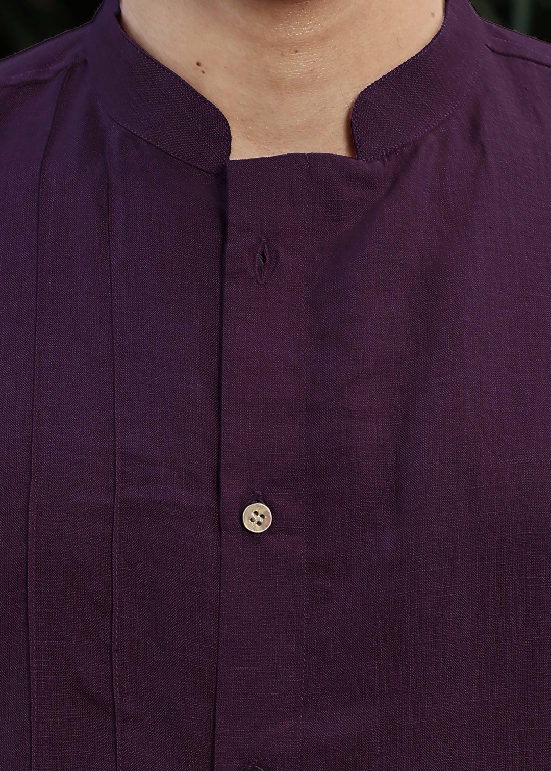 Ryan - Full Sleeve Band Collar Pure Linen Kurta with Pintuck Detailing - Dark Purple