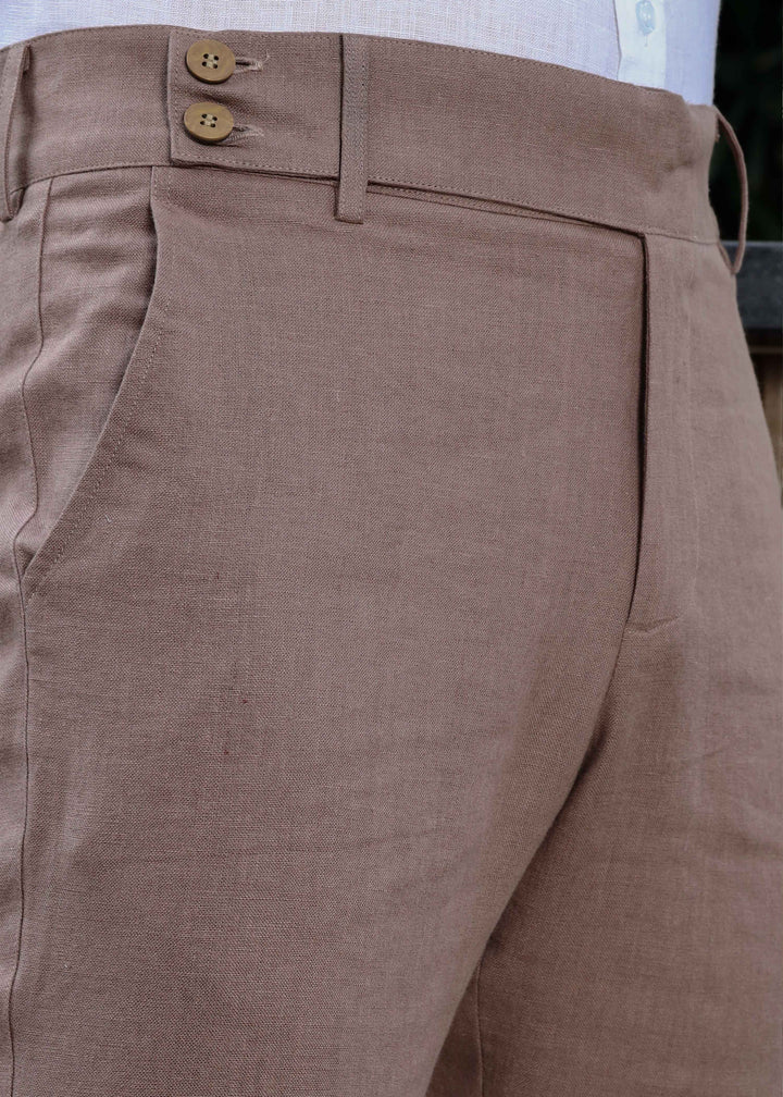 Brandon Double Button Broad Pure Linen Trousers - Muted Brown