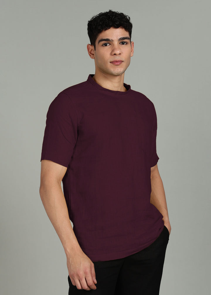 Ash - Pure Linen Mandrin Collar T-Shirt - Dark Purple