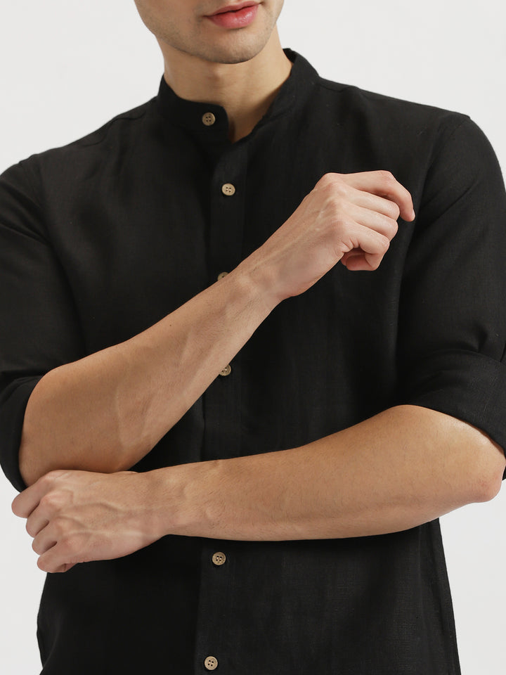 Ronan - Pure Linen Mandarin Collar Full Sleeve Shirt - Black