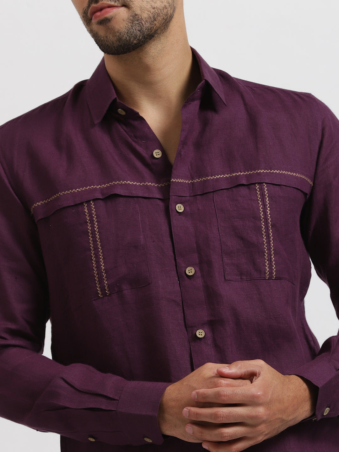 Xander - Pure Linen Double Pocket Embroidered Full Sleeve Shirt - Dark Purple