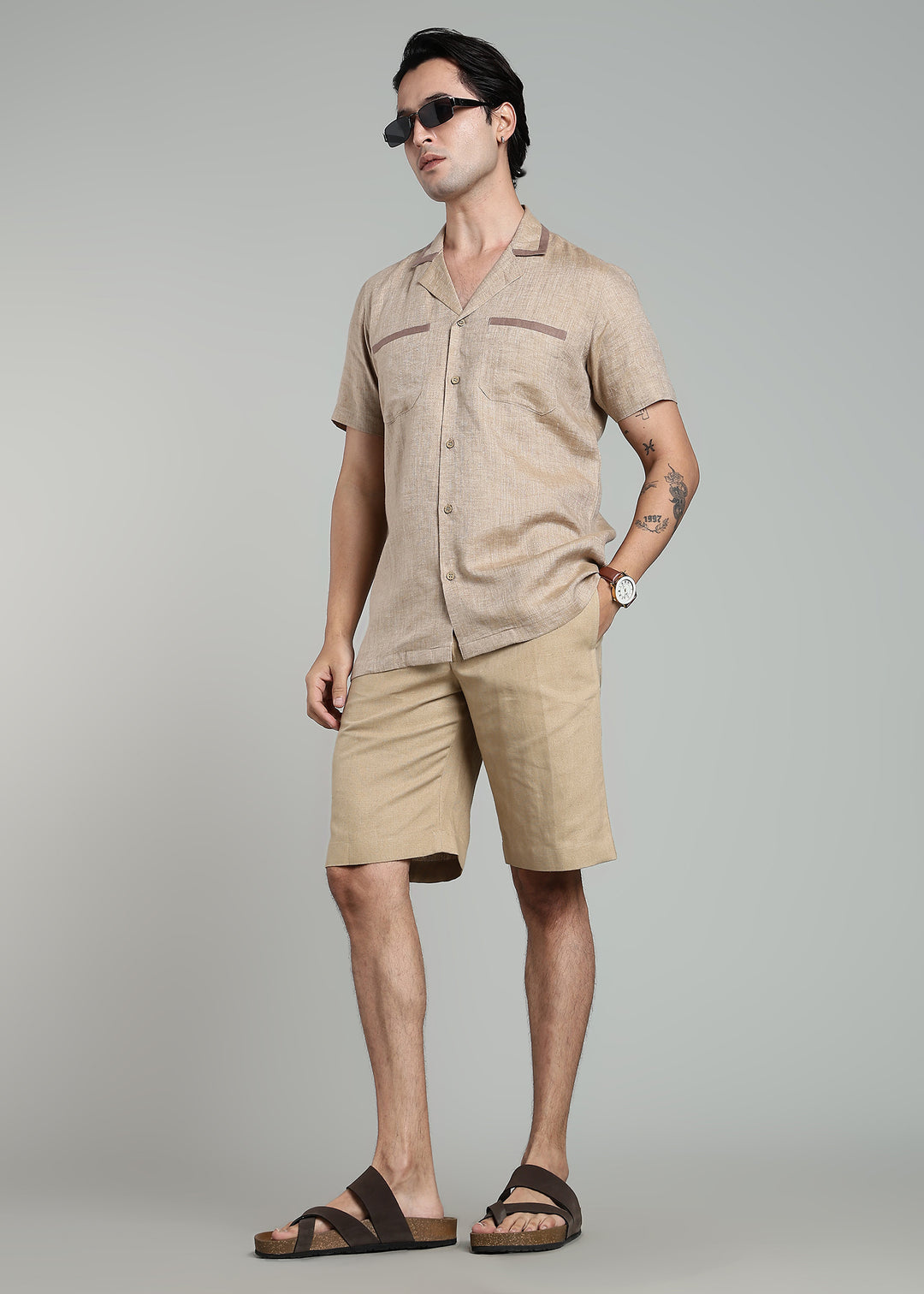 Sand - Pure Linen Half Sleeve Cuban Collar Shirt with Contrast Piping - Mocha