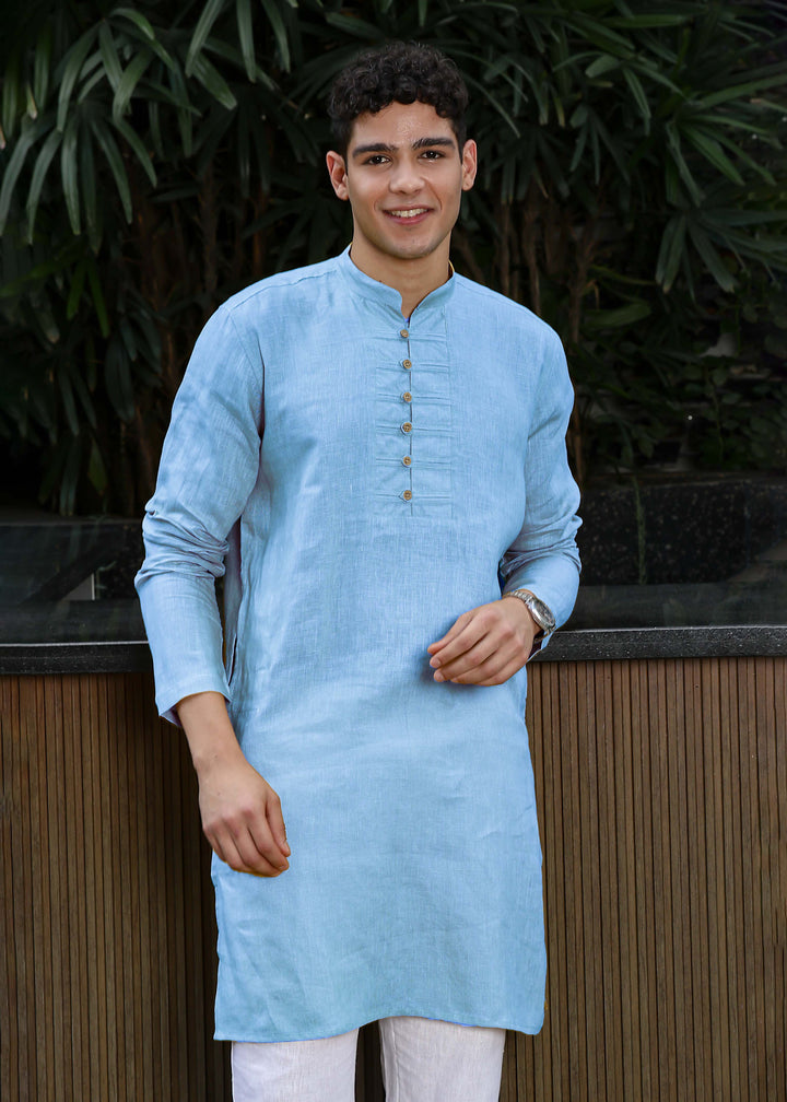 Shaan - Full Sleeve Band Collar Pure Linen Kurta - Olympic Blue