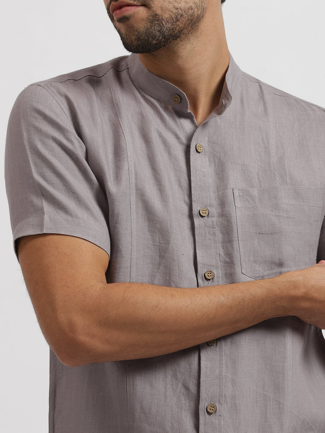 Trevor - Pure Linen Mandarin Collar Half Sleeve Shirt - Cement Grey | Rescue