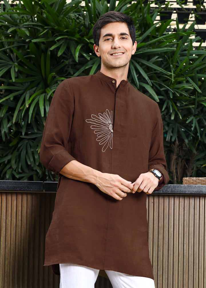 Yash Kurta - Pure Linen Kurta with Floral Embroidery | Coffee Brown