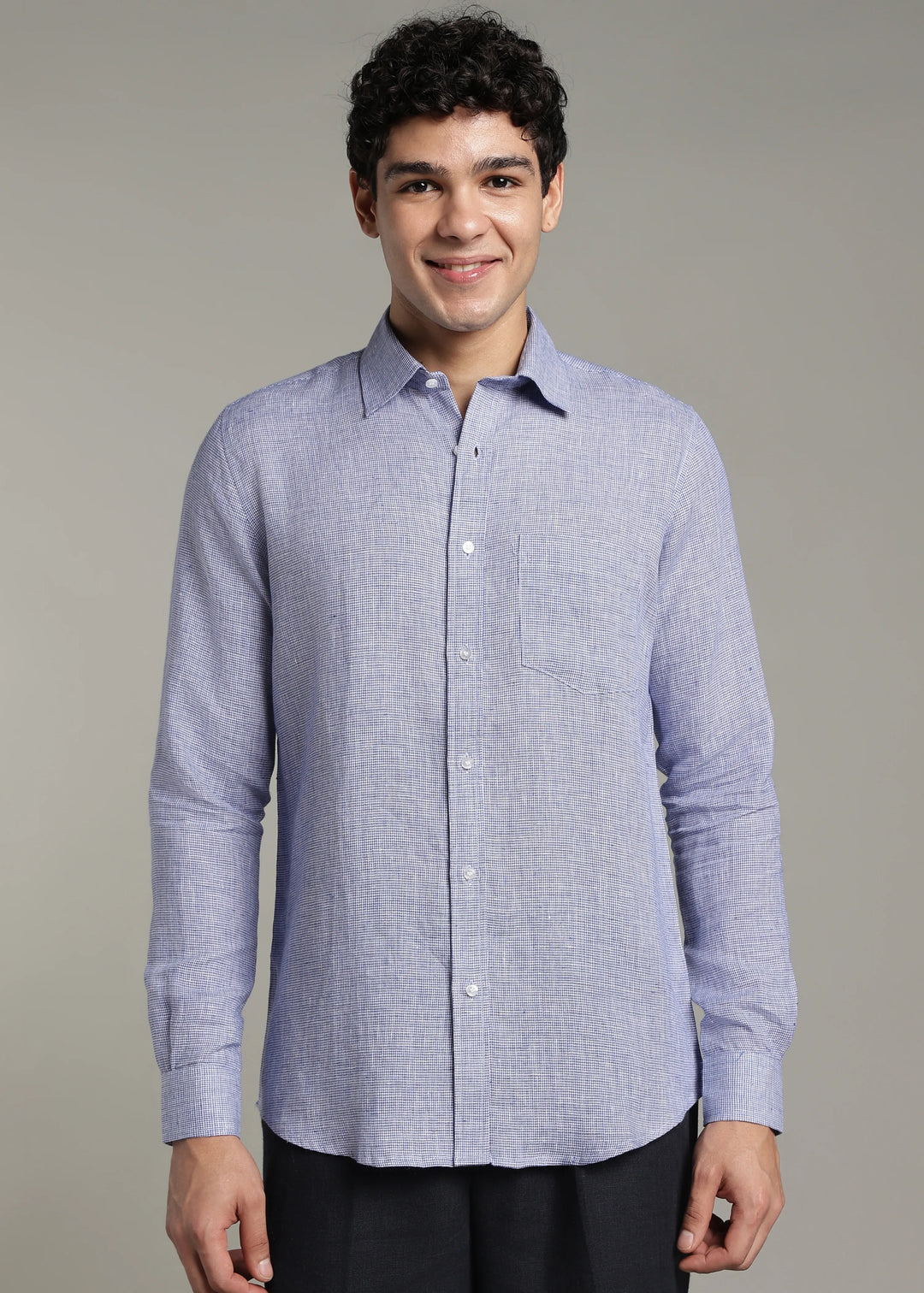 Harvey - Pure Linen Full Sleeve Shirt - Blue Houndstooth