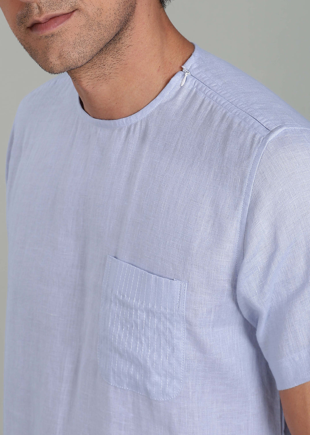 Simon - Pure Linen Stitch Detail Short Sleeve T-Shirt - Periwinkle Blue