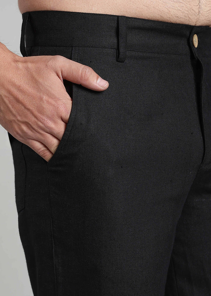 Vanta - Pure Linen Relaxed Trousers with Foldable Hem – Black