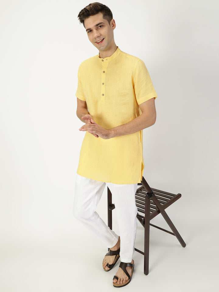 Ashok - Half Sleeve Mandarin Collar Pure Linen Short Kurta - Spectra Yellow