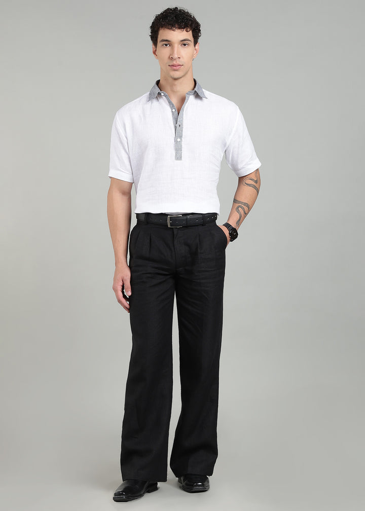 Fred - Pure Linen Polo T-Shirt - Black Houndstooth & White