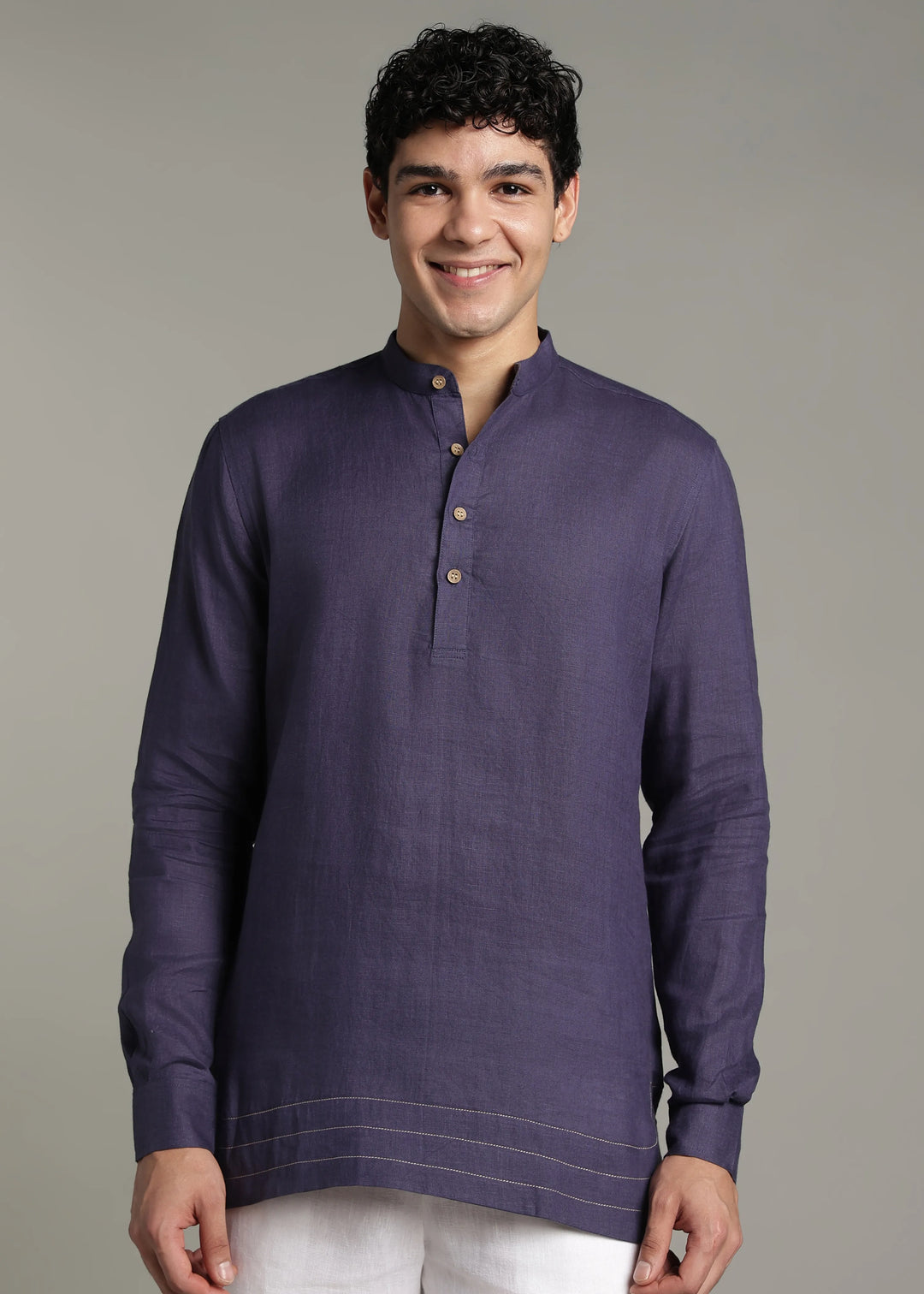 Saif - Pure Linen Full Sleeve Short Kurta with Hem Stitch Detail - Lapis Violet