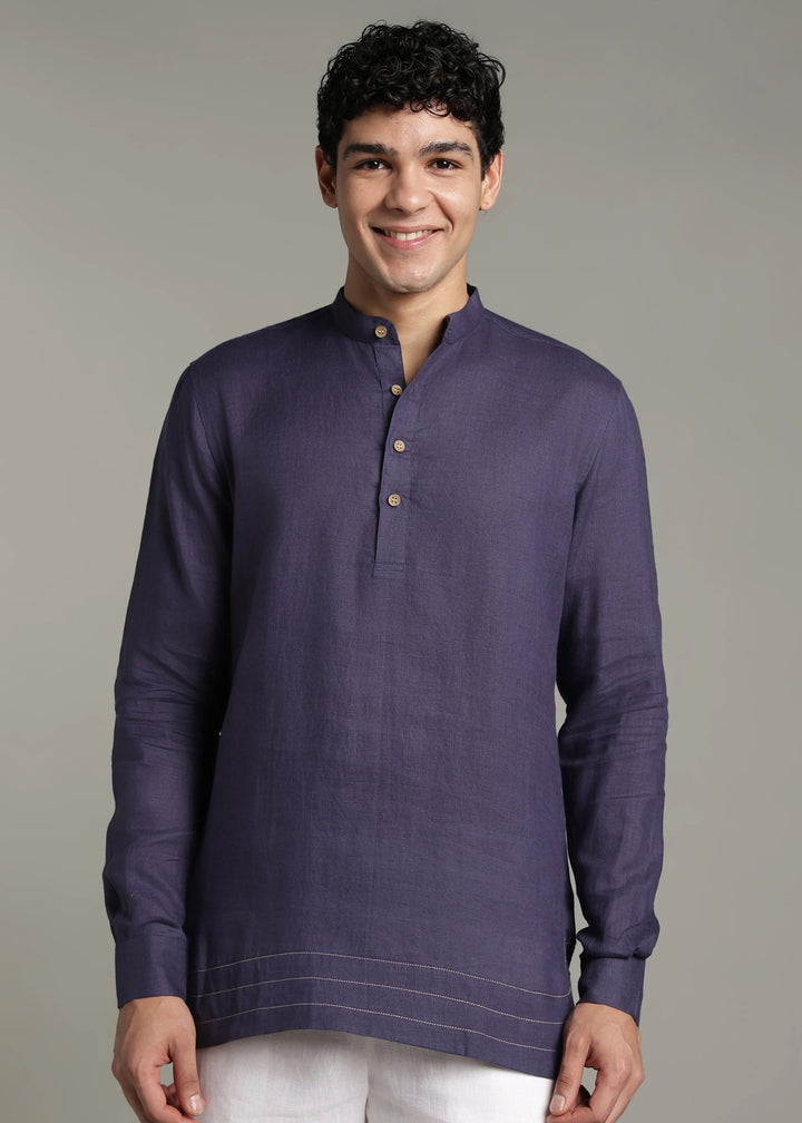Saif - Pure Linen Full Sleeve Short Kurta with Hem Stitch Detail - Lapis Violet