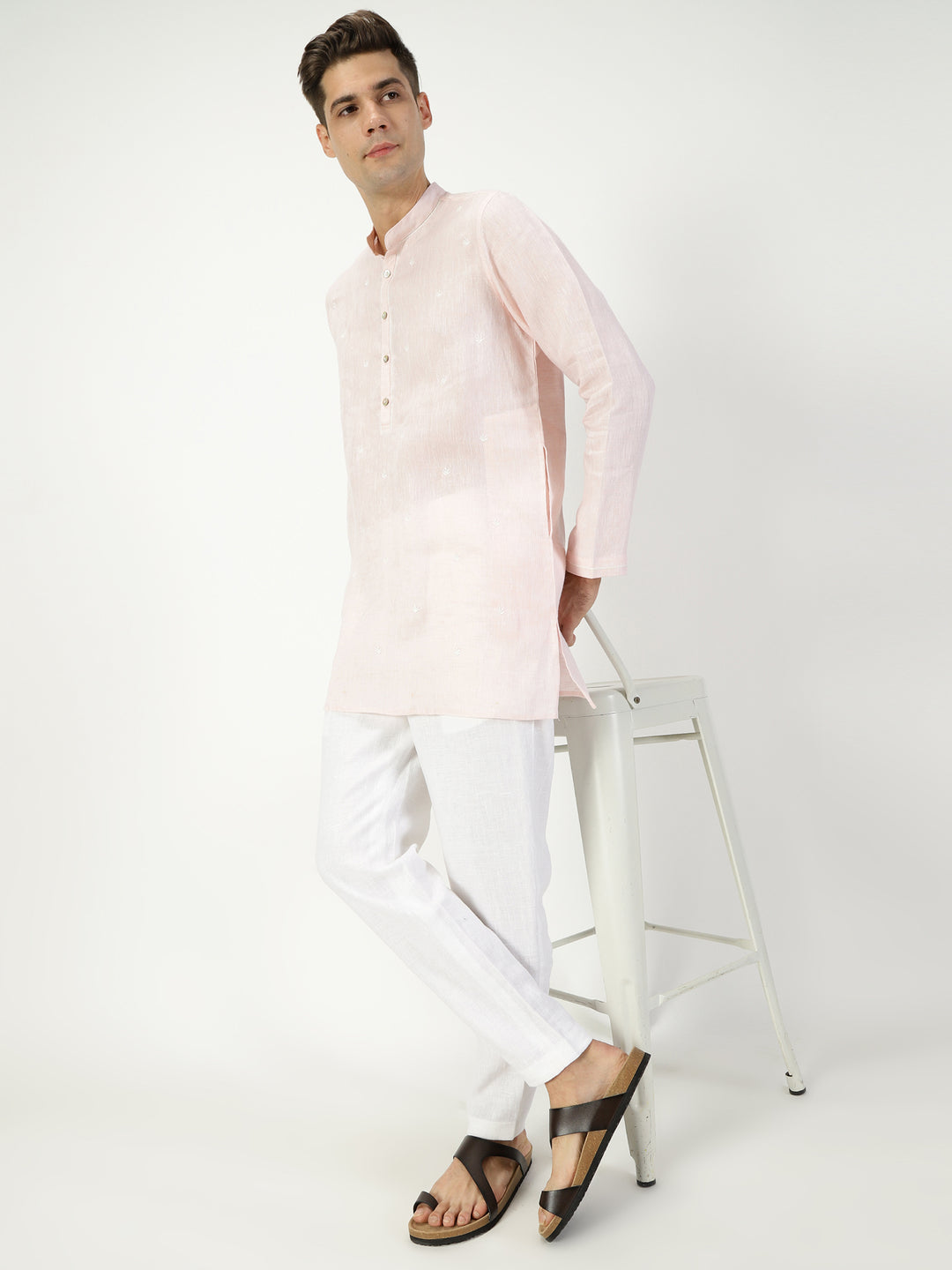 Ved - Embroidered Full Sleeve Chambray Pure Linen Short Kurta - Blush Pink