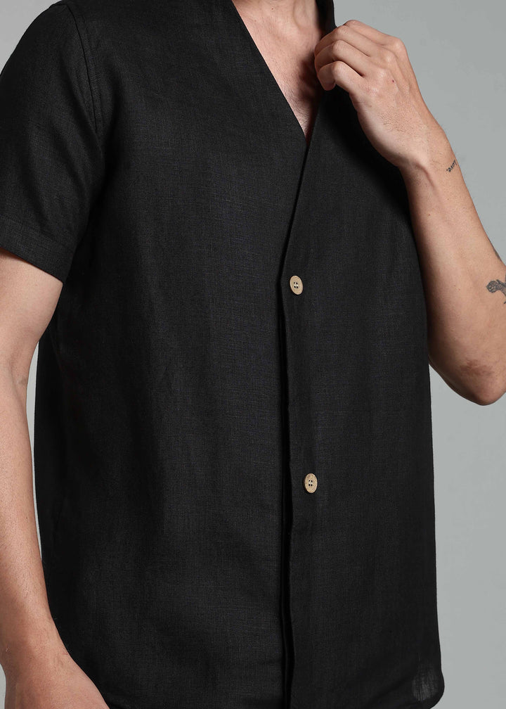 Void - Pure Linen Collarless Half Sleeve Shirt – Black
