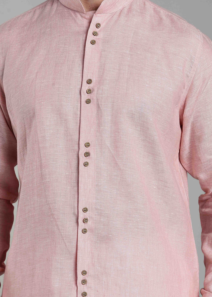 Flint - Pure Linen Shirt with Mandarin Collar & Trio Button Detail - Pink Chambray