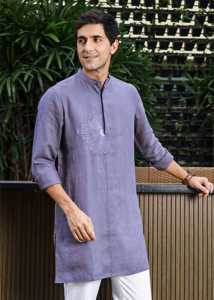 Yash Kurta - Pure Linen Kurta with Floral Embroidery | Lavender Violet
