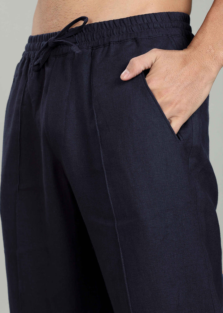 Art Pants - Pure Linen Elastic Casual Pants with Drawstrings - Regal Blue