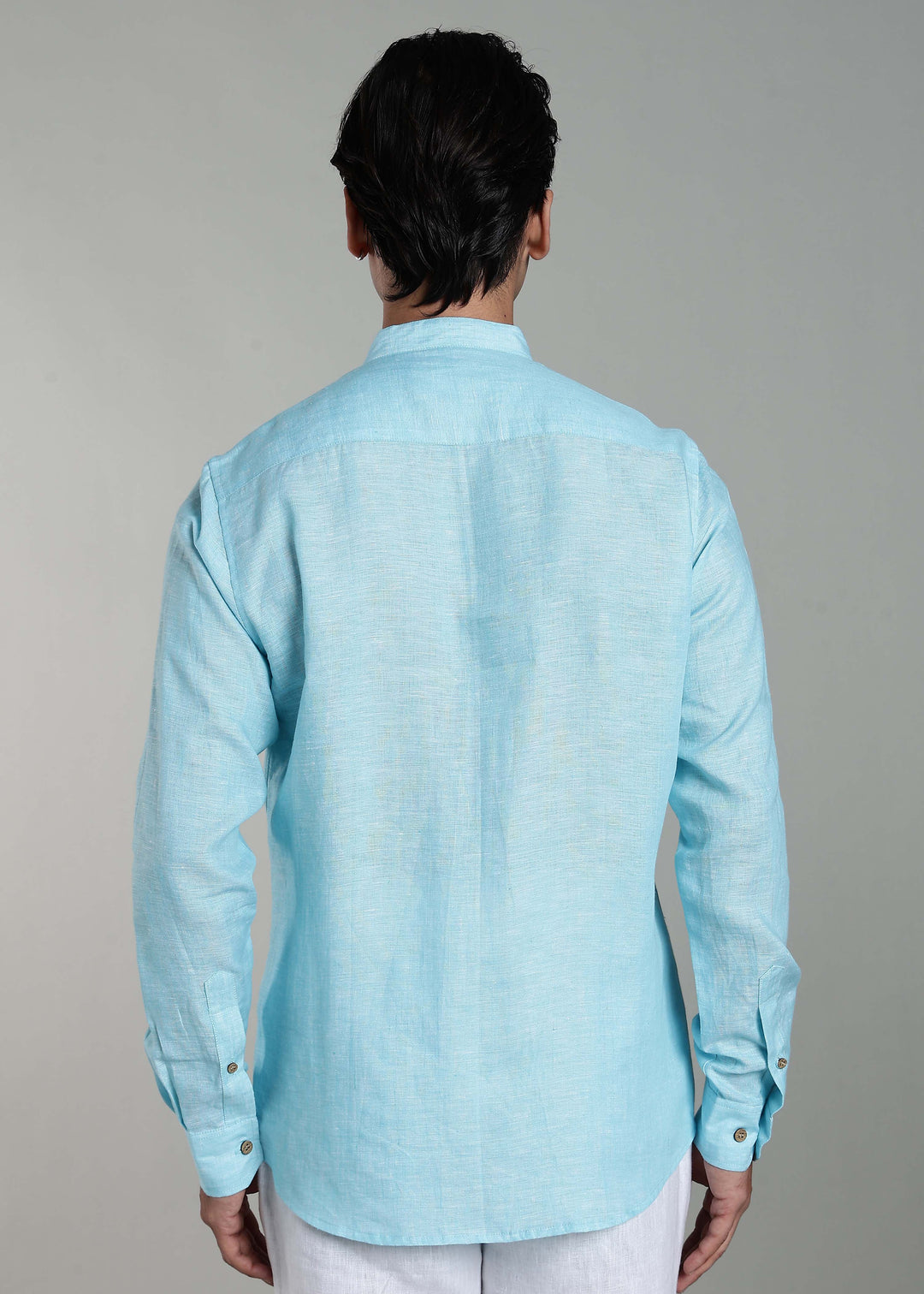 Craig - Pure Linen V Neck Full Sleeve Shirt - Blue Chambray