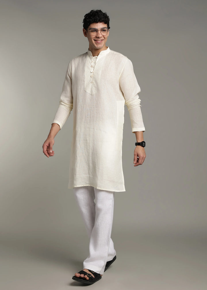 Taj - Pure Linen Long Kurta with Yolk Stitch Detail and Mother Of Pearl Buttons - Creme White