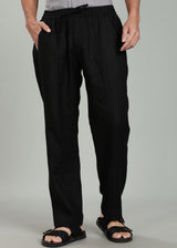 Art Pants - Pure Linen Elastic Casual Pants with Drawstrings - Black
