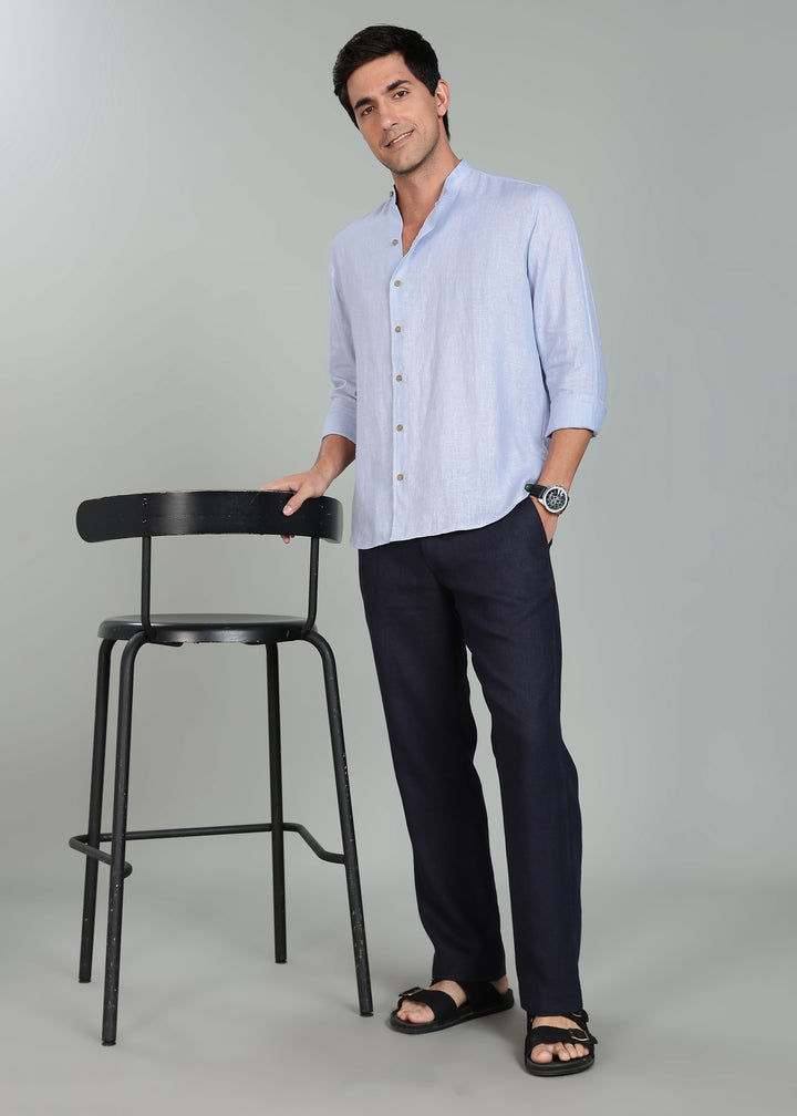 Floyd Shirt - Pure Linen Mandarin Collar Shirt - Periwinkle Blue