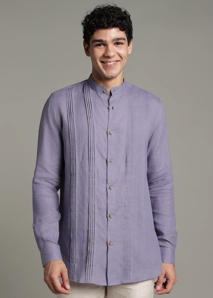 Archer - Pure Linen Mandarin Collar Pleat Detail Full Sleeve Shirt - Lavender Violet