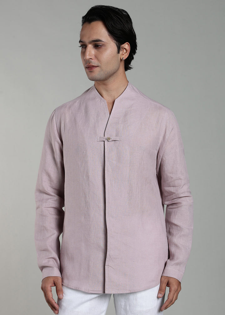 Reno - Pure Linen Full Sleeve Collarless Shirt  - Cameo Pink