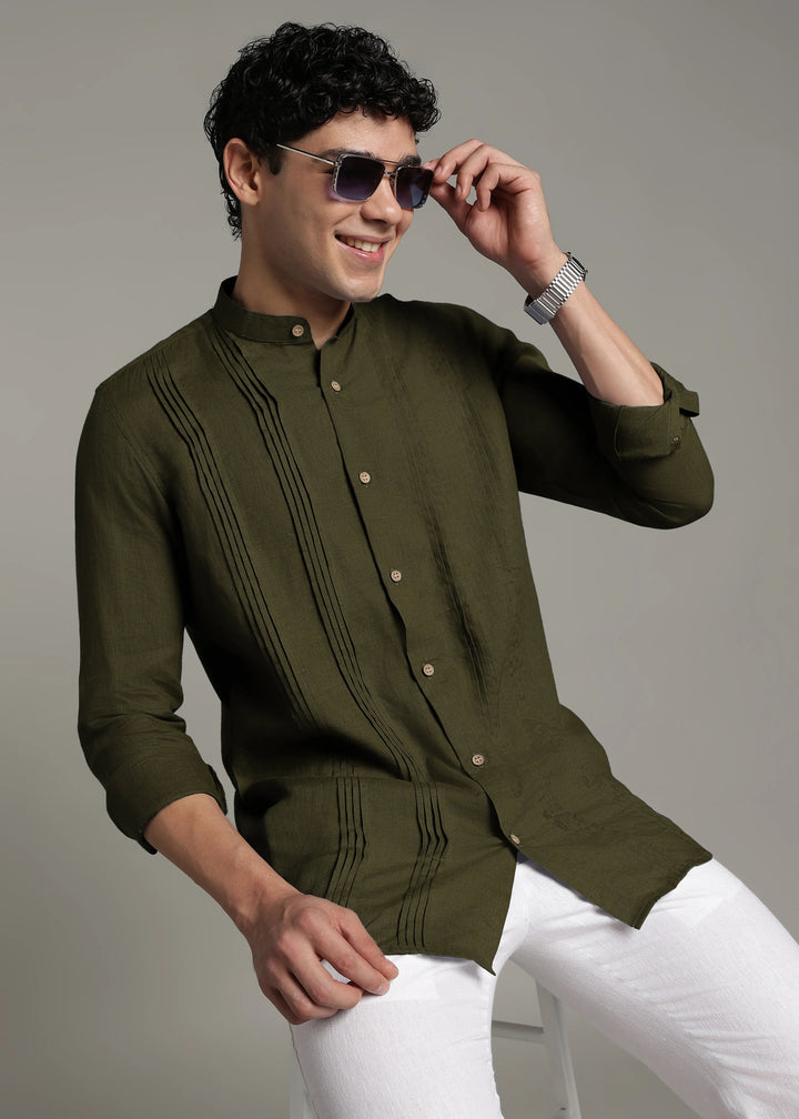 Archer - Pure Linen Mandarin Collar Pleat Detail Full Sleeve Shirt - Moss Green