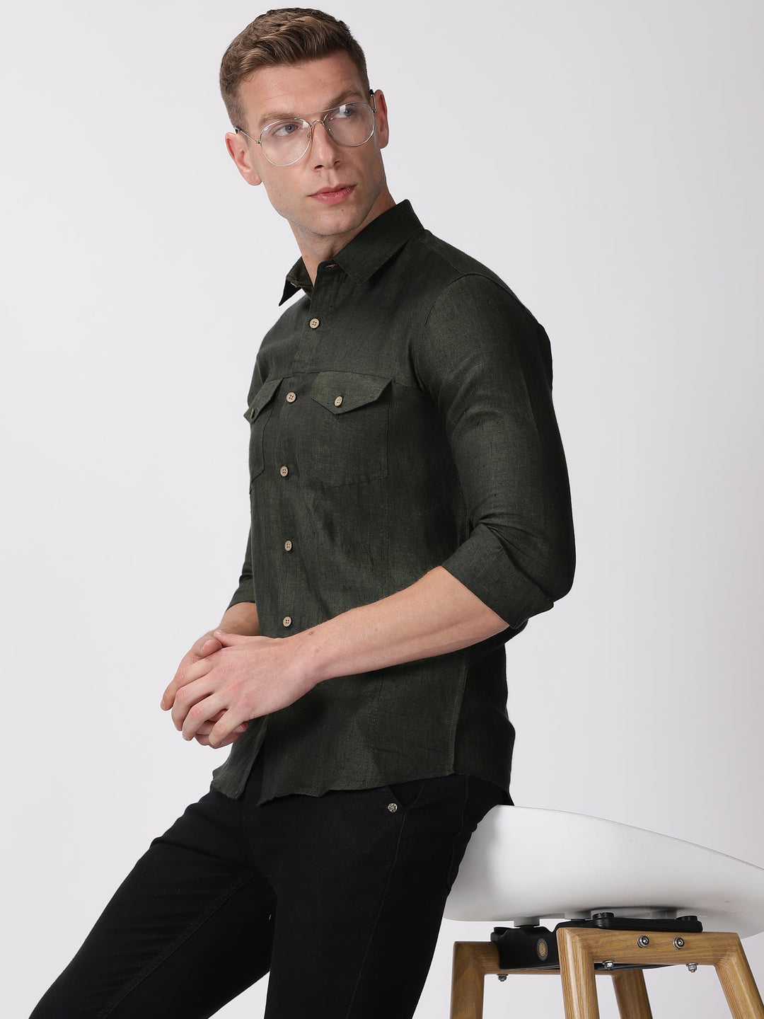 Thomas - Pure Linen Double Pocket Full Sleeve Shirt - Forest Green | Rescue