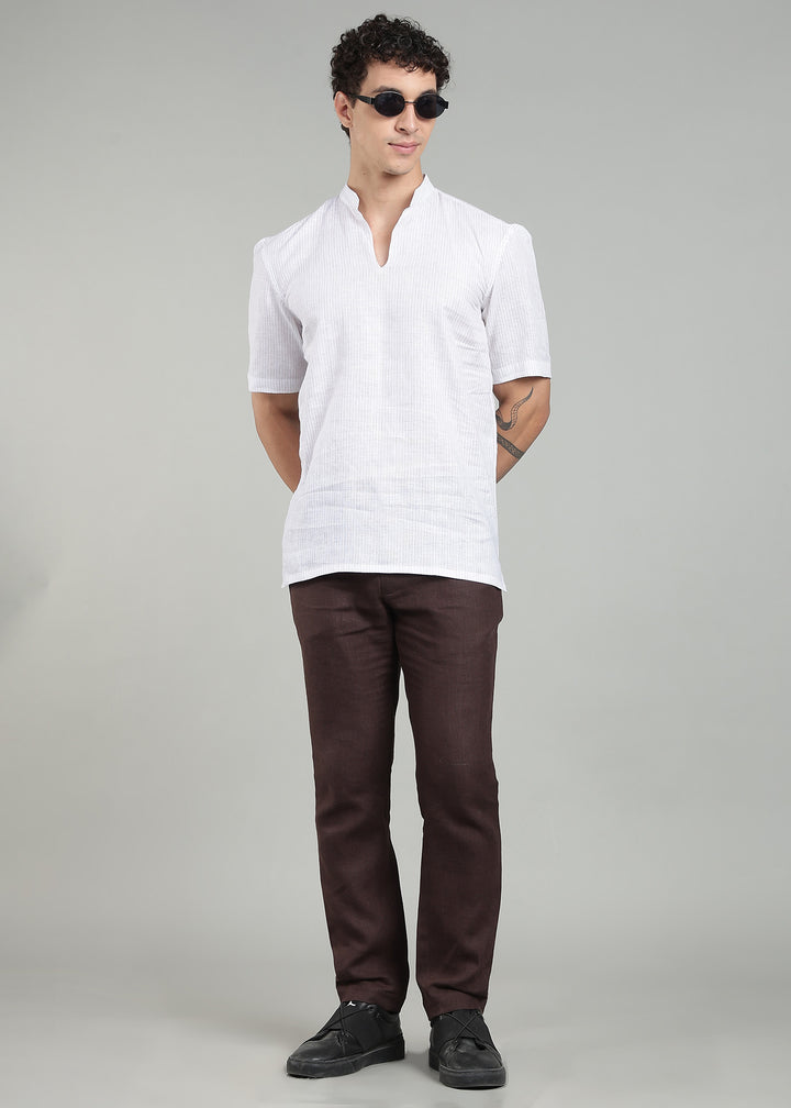 Zodiac - Pure Linen Mandarin Collar Relaxed T-Shirt - Brown Pinstripe