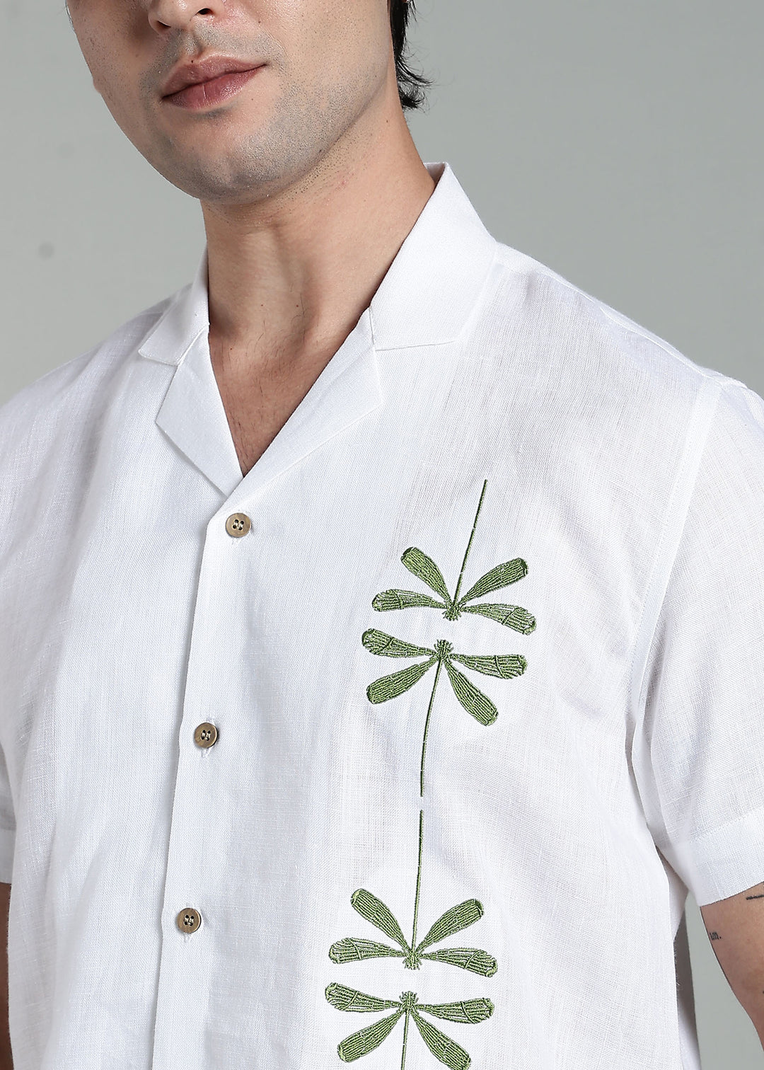 Bayu - Pure Linen Half Sleeve Cuban Collar Shirt with Dragonfly Embroidery - White