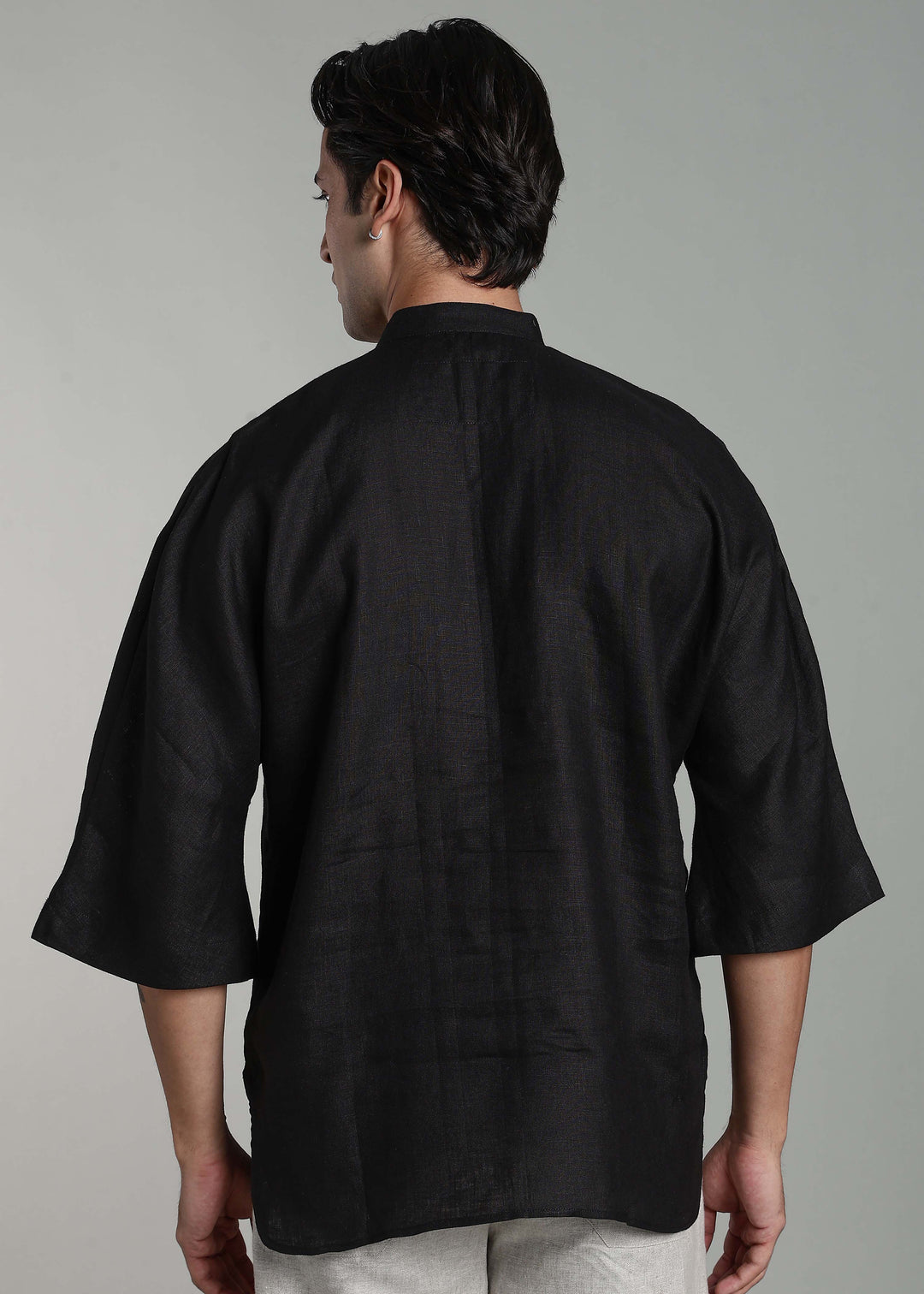 Sora - Three Quarter Sleeve Pure Linen Short Kimono Kurta - Black